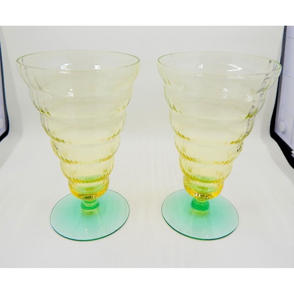 Utility Glass Works Cambodia Ware Vaseline Green Foot Ice Tea Water Goblet Set 4 - Picture 7 of 16